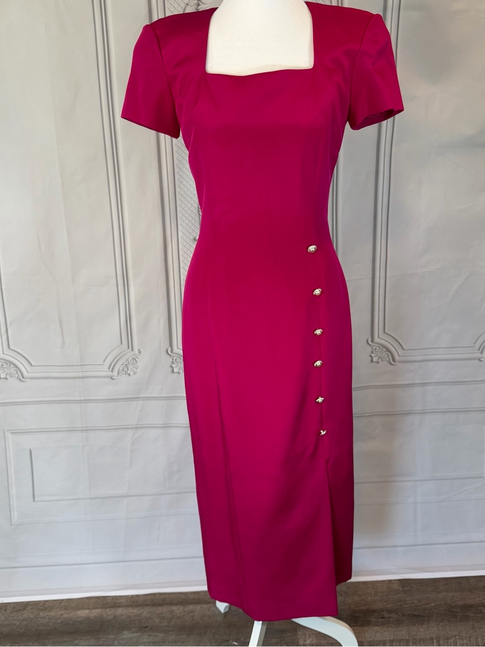 Vintage Gillian Dress Size 4 100% Silk Hot Pink Maxi Structured Barbiecore 90’s